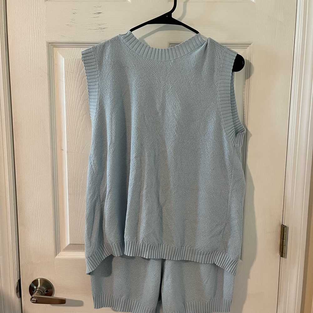 Light Blue Sleeveless Knit Top and Shorts Set